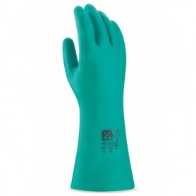 Pack 12 guante tipo industrial largo de nitrilo en color verde.