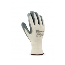Guante de poliéster color blanco con recubrimiento de nitrilo.