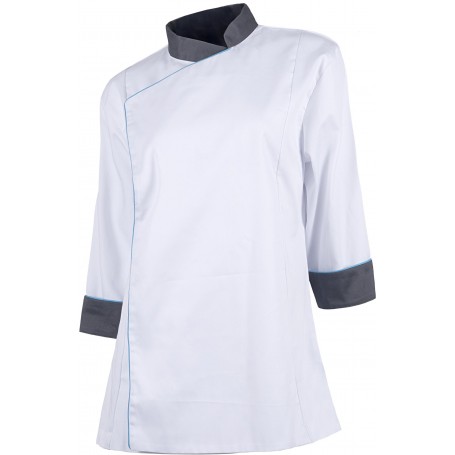 Casaca cocina de mujer combinada con vivos. Tejido bird-eye en sisa y espalda. Tto antimanchasB9242