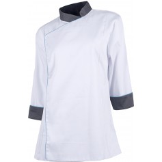 Casaca cocina de mujer combinada con vivos. Tejido bird-eye en sisa y espalda. Tto antimanchasB9242